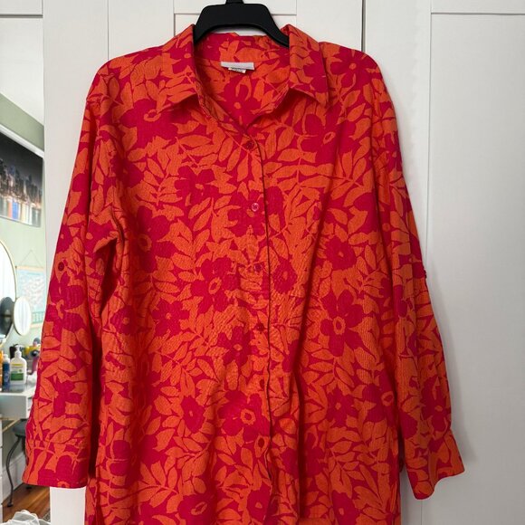 Jaclyn Smith Classic Plus Women’s Orange Pink Floral Linen Blend Button Up Top - Picture 1 of 5